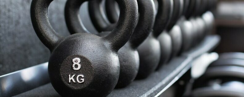 A row of kettlebells